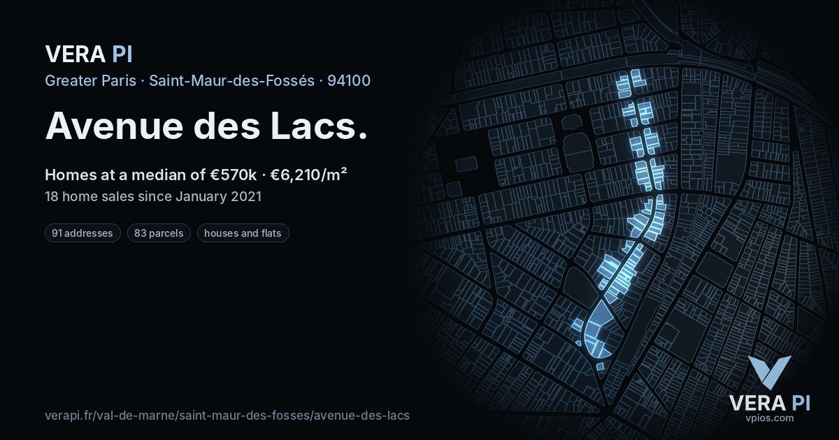 Avenue des Lacs, Saint-Maur-des-Fossés at night – every parcel coloured by the prices around it, the street's own parcels lit