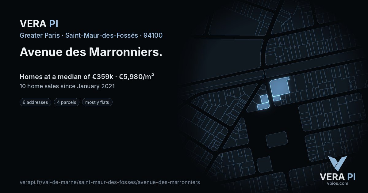 Avenue des Marronniers, Saint-Maur-des-Fossés at night – every parcel coloured by the prices around it, the street's own parcels lit