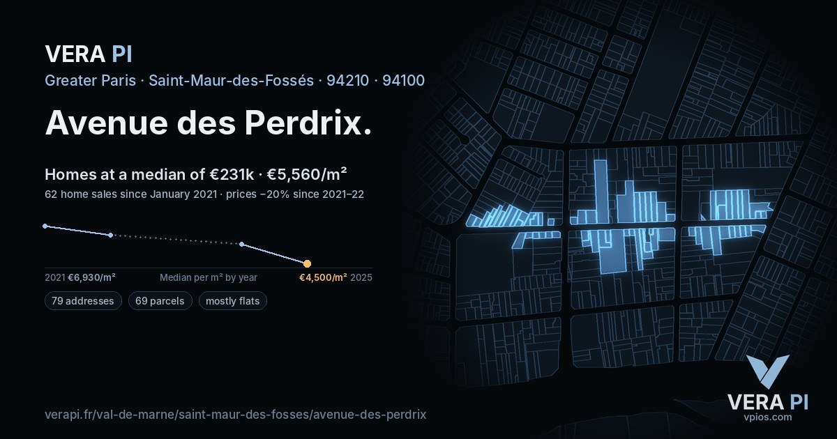 Avenue des Perdrix, Saint-Maur-des-Fossés at night – every parcel coloured by the prices around it, the street's own parcels lit