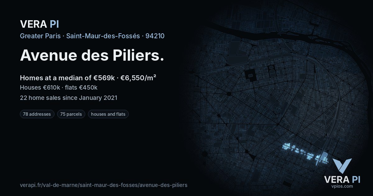 Avenue des Piliers, Saint-Maur-des-Fossés at night – every parcel coloured by the prices around it, the street's own parcels lit