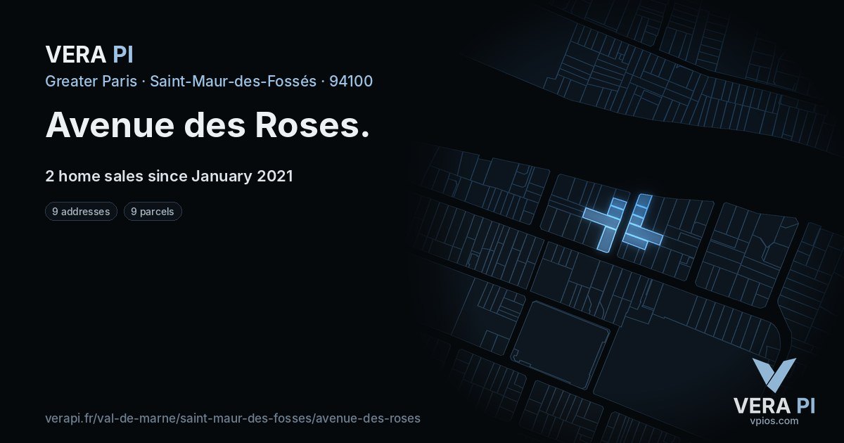 Avenue des Roses, Saint-Maur-des-Fossés at night – every parcel coloured by the prices around it, the street's own parcels lit