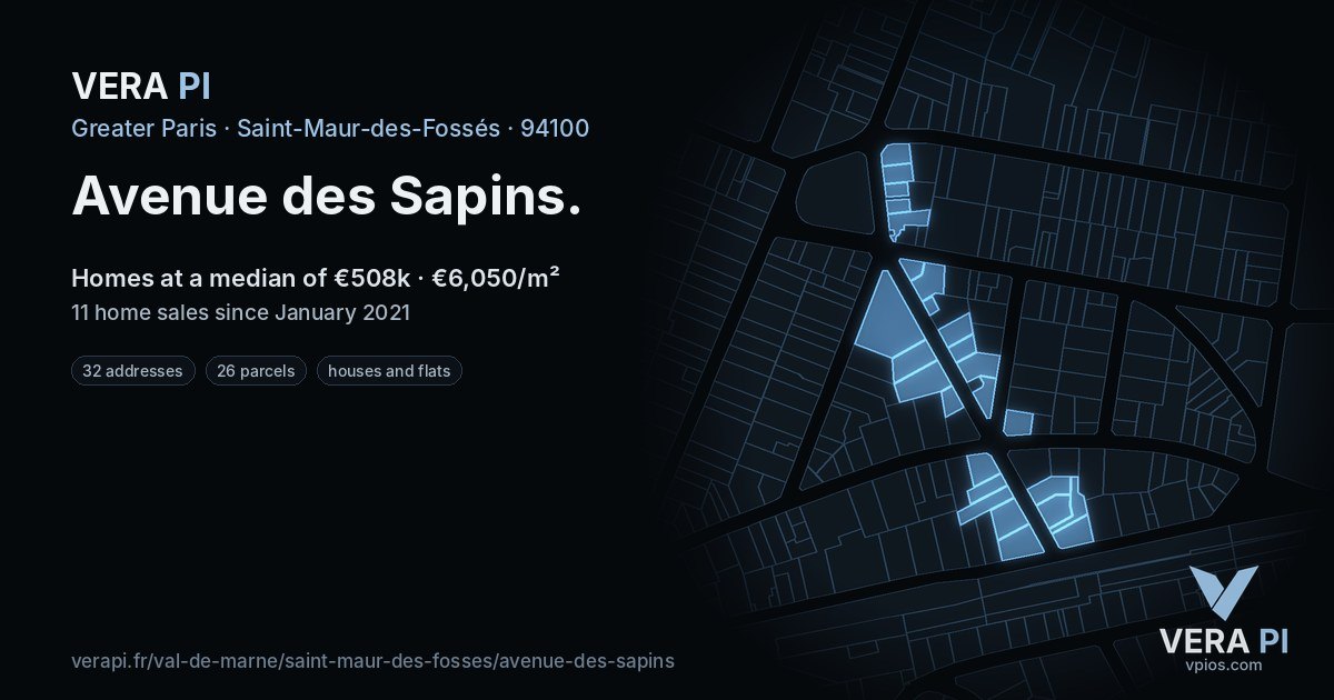 Avenue des Sapins, Saint-Maur-des-Fossés at night – every parcel coloured by the prices around it, the street's own parcels lit