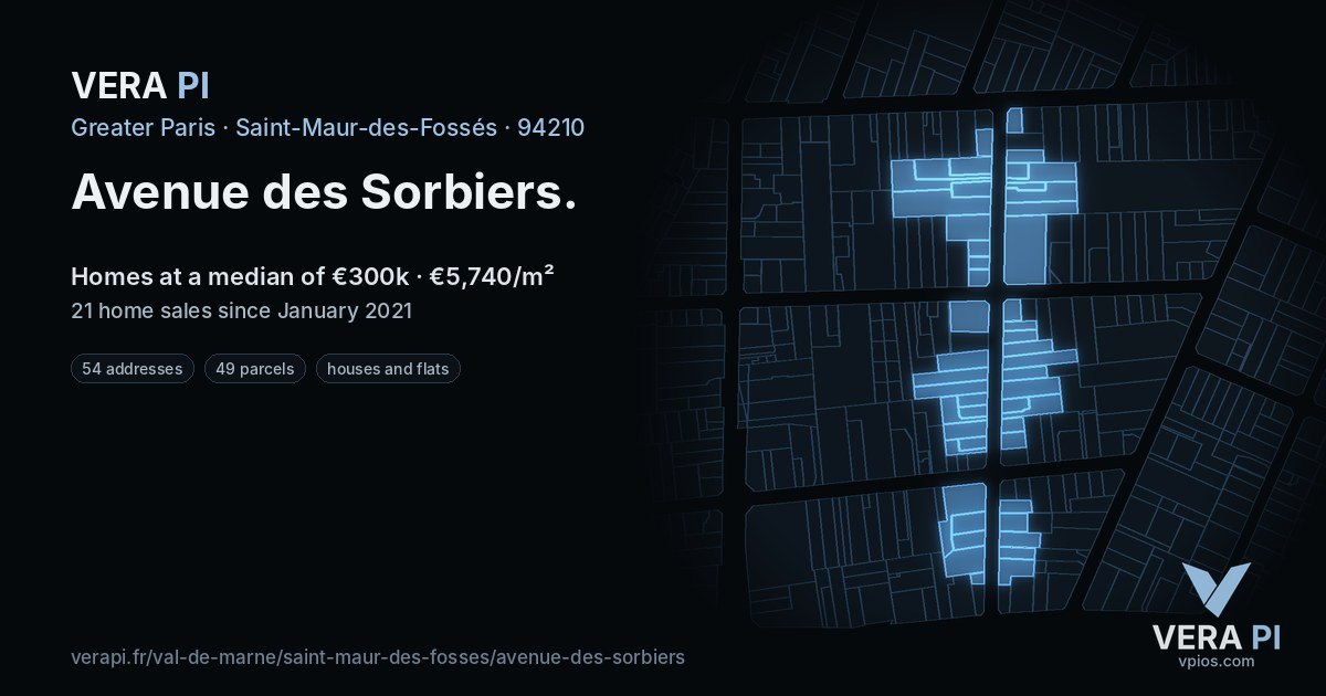 Avenue des Sorbiers, Saint-Maur-des-Fossés at night – every parcel coloured by the prices around it, the street's own parcels lit