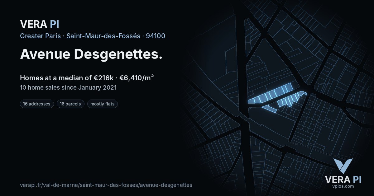 Avenue Desgenettes, Saint-Maur-des-Fossés at night – every parcel coloured by the prices around it, the street's own parcels lit