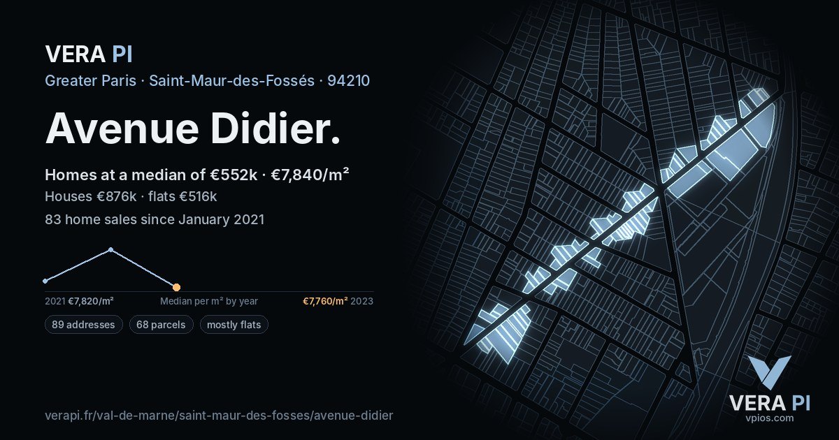 Avenue Didier, Saint-Maur-des-Fossés at night – every parcel coloured by the prices around it, the street's own parcels lit