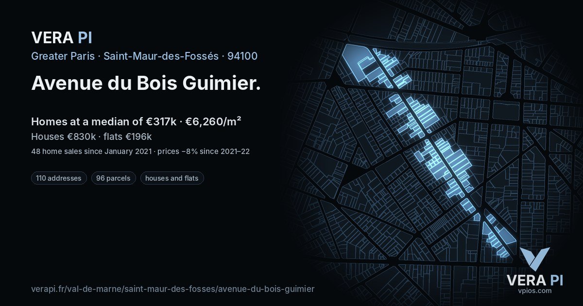 Avenue du Bois Guimier, Saint-Maur-des-Fossés at night – every parcel coloured by the prices around it, the street's own parcels lit