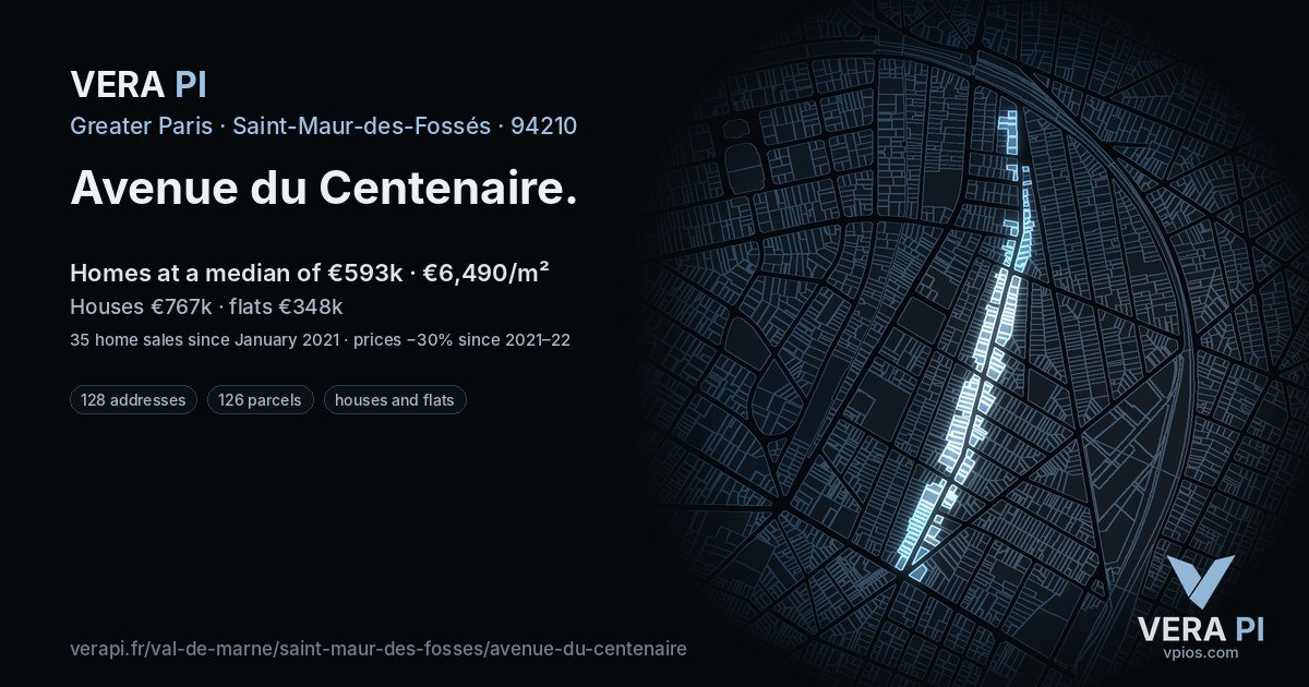 Avenue du Centenaire, Saint-Maur-des-Fossés at night – every parcel coloured by the prices around it, the street's own parcels lit