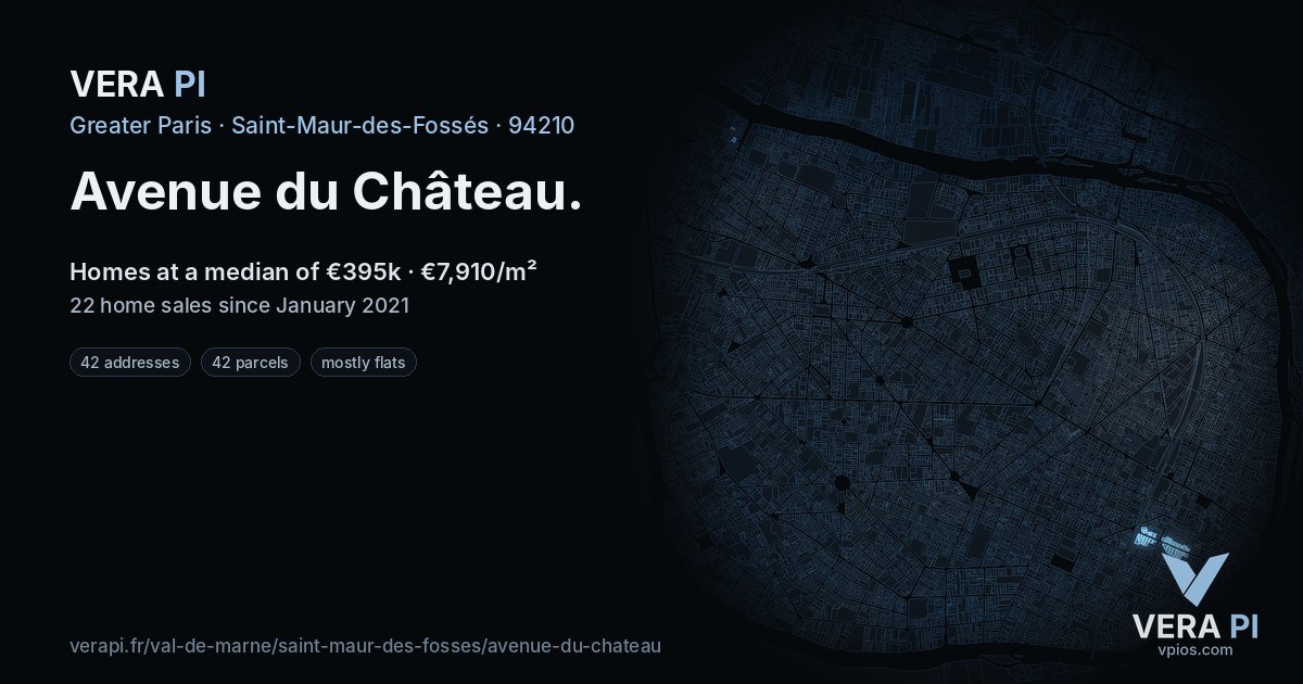 Avenue du Château, Saint-Maur-des-Fossés at night – every parcel coloured by the prices around it, the street's own parcels lit