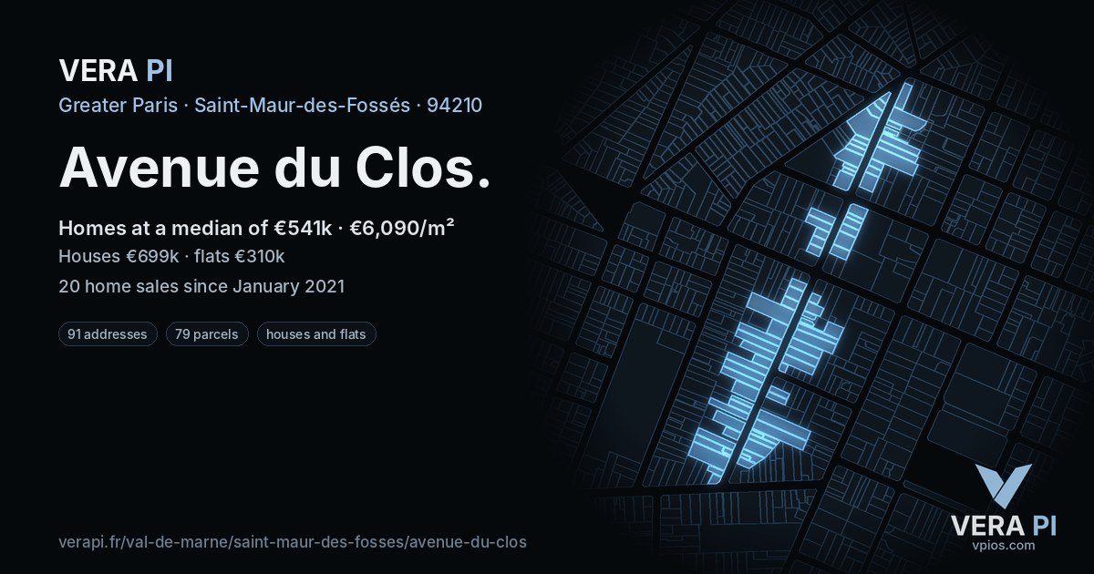Avenue du Clos, Saint-Maur-des-Fossés at night – every parcel coloured by the prices around it, the street's own parcels lit