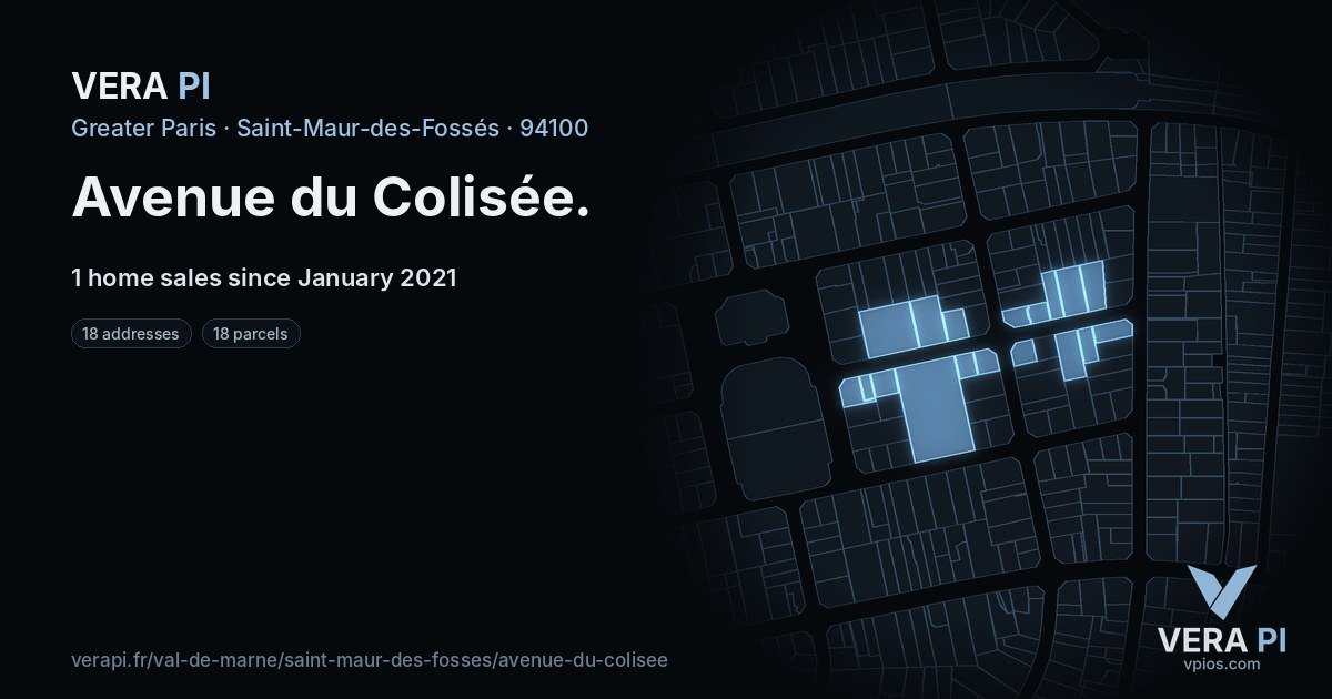 Avenue du Colisée, Saint-Maur-des-Fossés at night – every parcel coloured by the prices around it, the street's own parcels lit