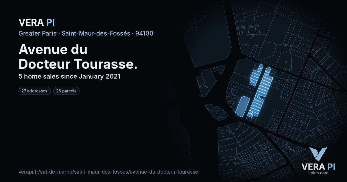 Avenue du Docteur Tourasse, Saint-Maur-des-Fossés at night – every parcel coloured by the prices around it, the street's own parcels lit