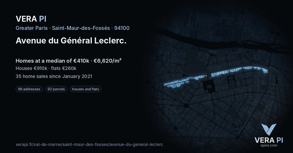 Avenue du Général Leclerc, Saint-Maur-des-Fossés at night – every parcel coloured by the prices around it, the street's own parcels lit