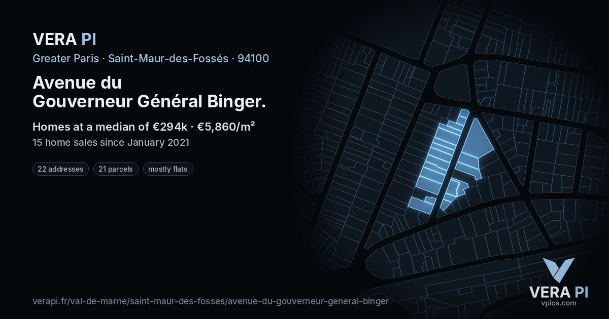 Avenue du Gouverneur Général Binger, Saint-Maur-des-Fossés at night – every parcel coloured by the prices around it, the street's own parcels lit