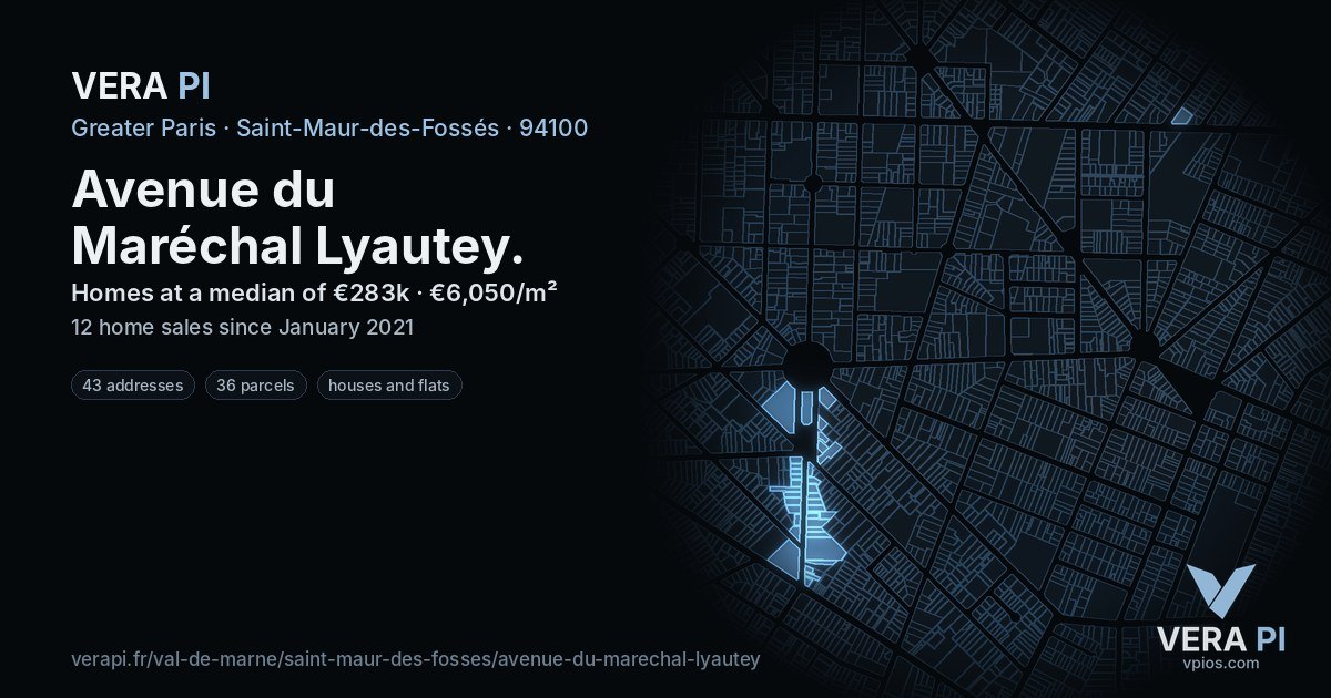 Avenue du Maréchal Lyautey, Saint-Maur-des-Fossés at night – every parcel coloured by the prices around it, the street's own parcels lit