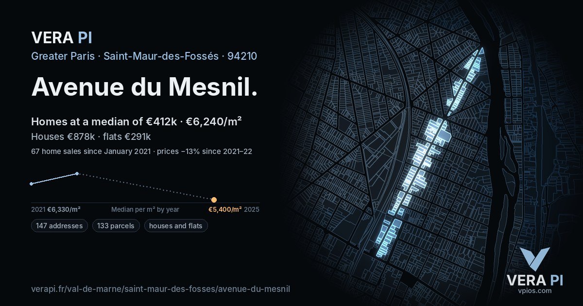 Avenue du Mesnil, Saint-Maur-des-Fossés at night – every parcel coloured by the prices around it, the street's own parcels lit