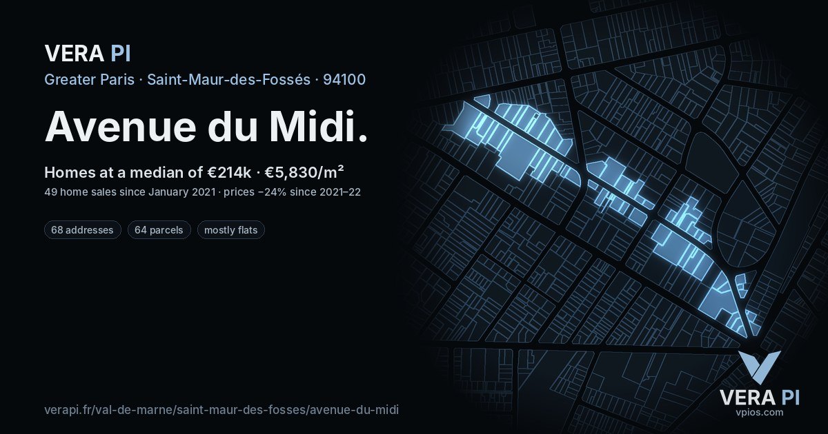 Avenue du Midi, Saint-Maur-des-Fossés at night – every parcel coloured by the prices around it, the street's own parcels lit