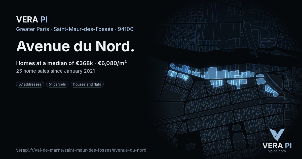 Avenue du Nord, Saint-Maur-des-Fossés at night – every parcel coloured by the prices around it, the street's own parcels lit