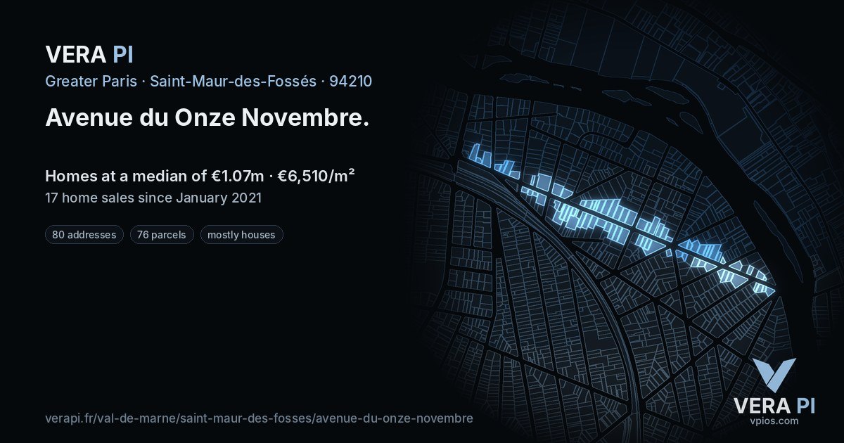 Avenue du Onze Novembre, Saint-Maur-des-Fossés at night – every parcel coloured by the prices around it, the street's own parcels lit
