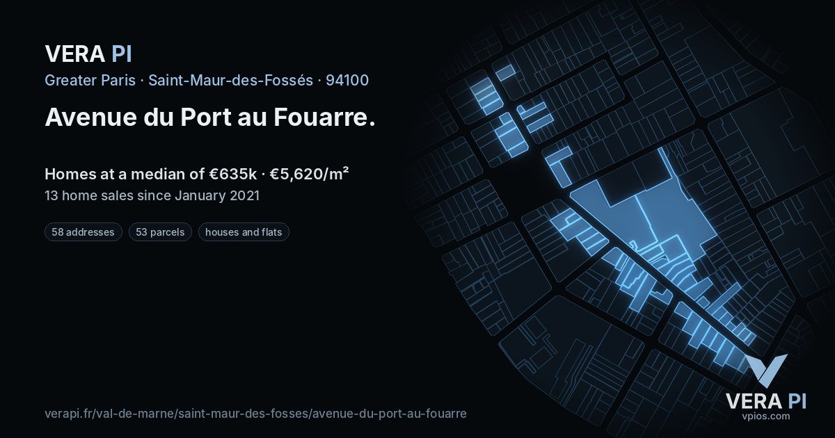 Avenue du Port au Fouarre, Saint-Maur-des-Fossés at night – every parcel coloured by the prices around it, the street's own parcels lit