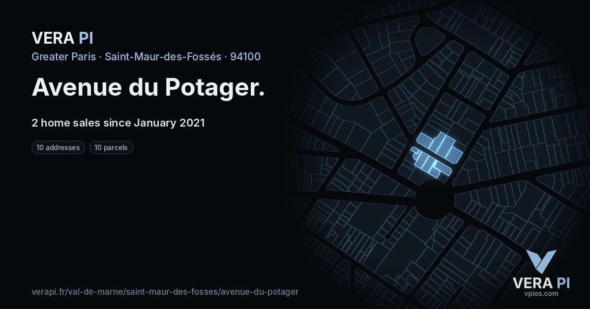 Avenue du Potager, Saint-Maur-des-Fossés at night – every parcel coloured by the prices around it, the street's own parcels lit