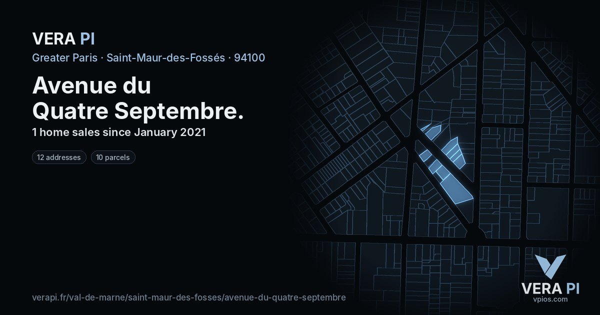Avenue du Quatre Septembre, Saint-Maur-des-Fossés at night – every parcel coloured by the prices around it, the street's own parcels lit