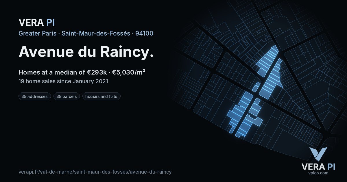 Avenue du Raincy, Saint-Maur-des-Fossés at night – every parcel coloured by the prices around it, the street's own parcels lit