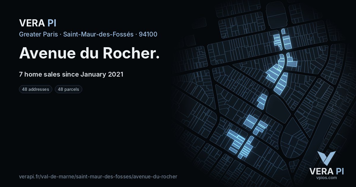 Avenue du Rocher, Saint-Maur-des-Fossés at night – every parcel coloured by the prices around it, the street's own parcels lit