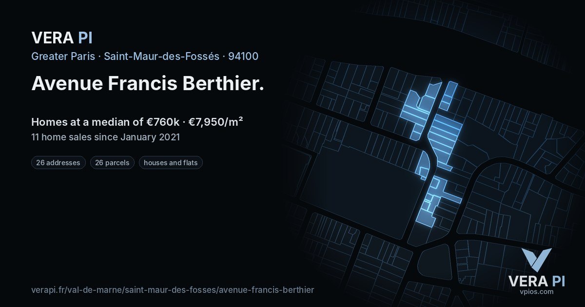 Avenue Francis Berthier, Saint-Maur-des-Fossés at night – every parcel coloured by the prices around it, the street's own parcels lit