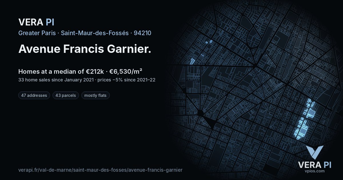 Avenue Francis Garnier, Saint-Maur-des-Fossés at night – every parcel coloured by the prices around it, the street's own parcels lit