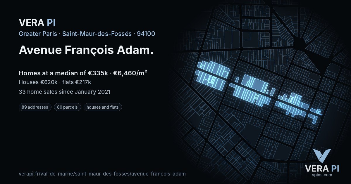 Avenue François Adam, Saint-Maur-des-Fossés at night – every parcel coloured by the prices around it, the street's own parcels lit