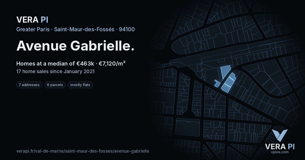 Avenue Gabrielle, Saint-Maur-des-Fossés at night – every parcel coloured by the prices around it, the street's own parcels lit