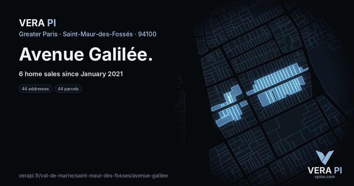 Avenue Galilée, Saint-Maur-des-Fossés at night – every parcel coloured by the prices around it, the street's own parcels lit
