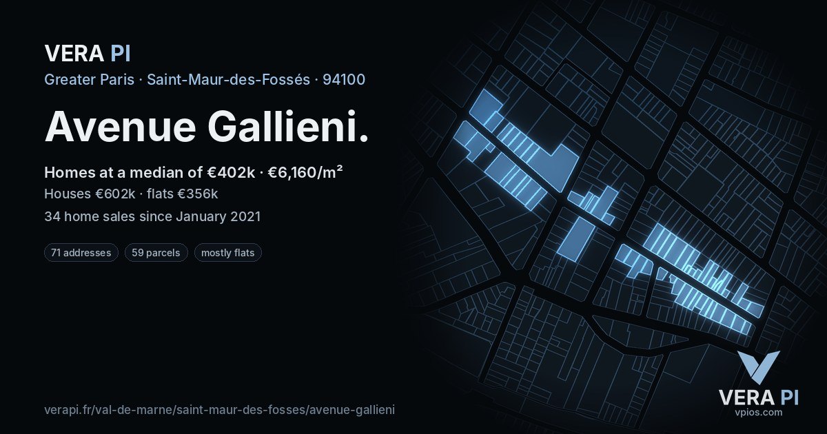 Avenue Gallieni, Saint-Maur-des-Fossés at night – every parcel coloured by the prices around it, the street's own parcels lit