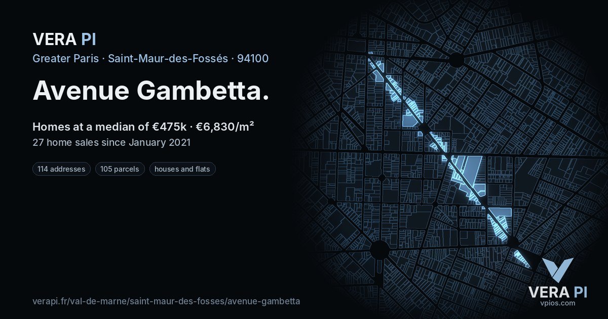 Avenue Gambetta, Saint-Maur-des-Fossés at night – every parcel coloured by the prices around it, the street's own parcels lit