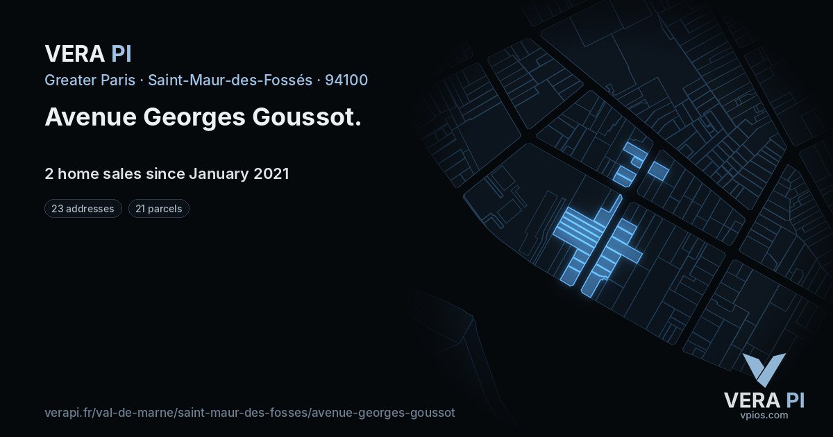Avenue Georges Goussot, Saint-Maur-des-Fossés at night – every parcel coloured by the prices around it, the street's own parcels lit