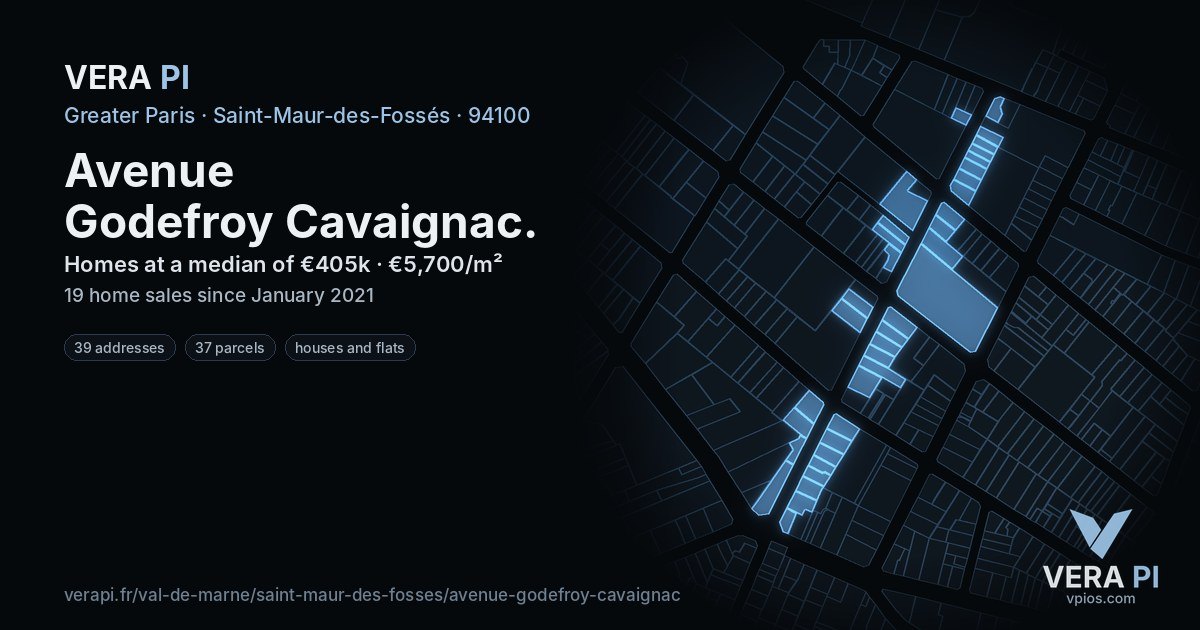 Avenue Godefroy Cavaignac, Saint-Maur-des-Fossés at night – every parcel coloured by the prices around it, the street's own parcels lit
