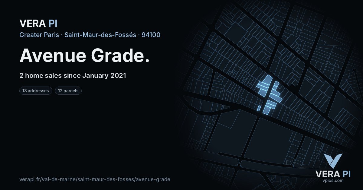 Avenue Grade, Saint-Maur-des-Fossés at night – every parcel coloured by the prices around it, the street's own parcels lit