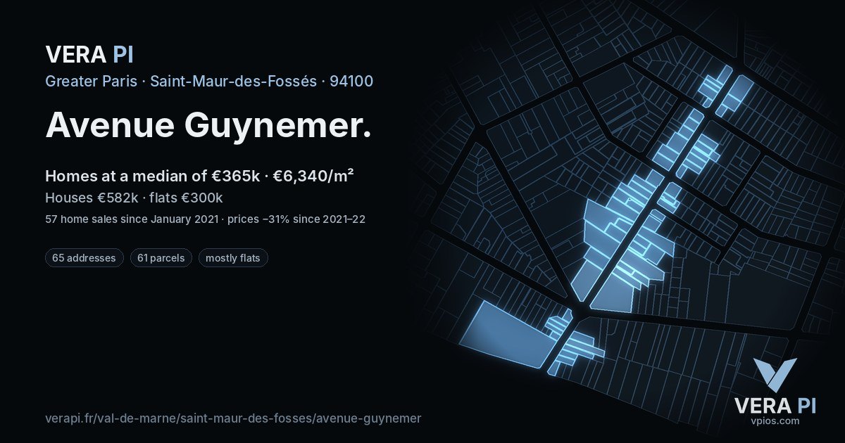 Avenue Guynemer, Saint-Maur-des-Fossés at night – every parcel coloured by the prices around it, the street's own parcels lit