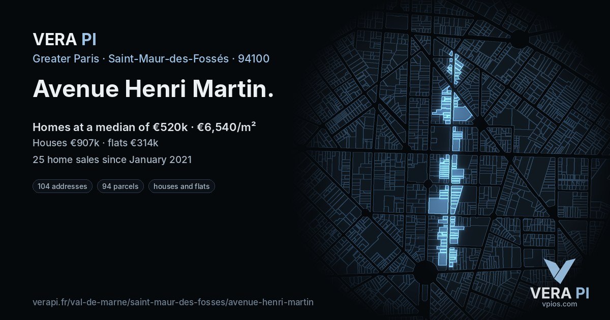 Avenue Henri Martin, Saint-Maur-des-Fossés at night – every parcel coloured by the prices around it, the street's own parcels lit