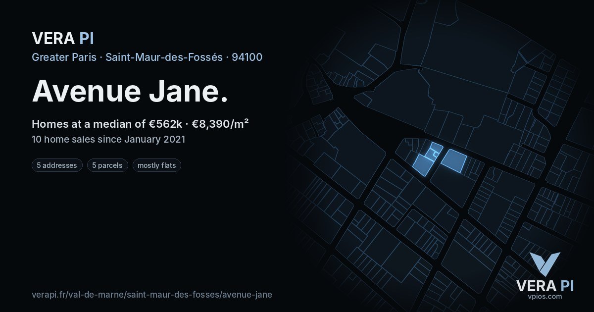 Avenue Jane, Saint-Maur-des-Fossés at night – every parcel coloured by the prices around it, the street's own parcels lit