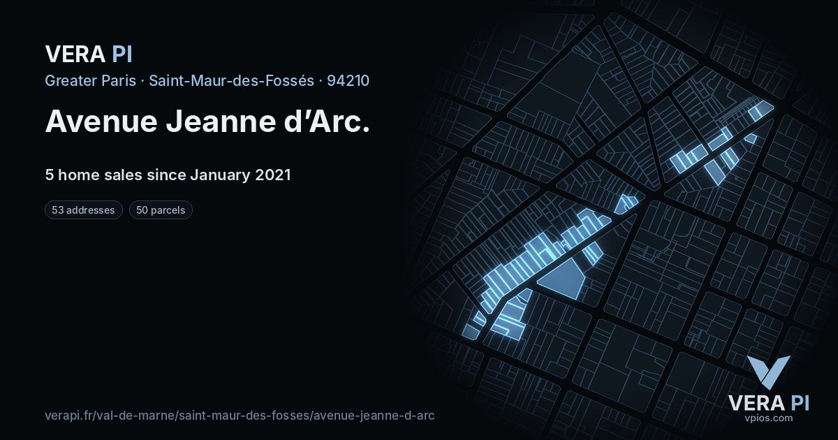 Avenue Jeanne d’Arc, Saint-Maur-des-Fossés at night – every parcel coloured by the prices around it, the street's own parcels lit