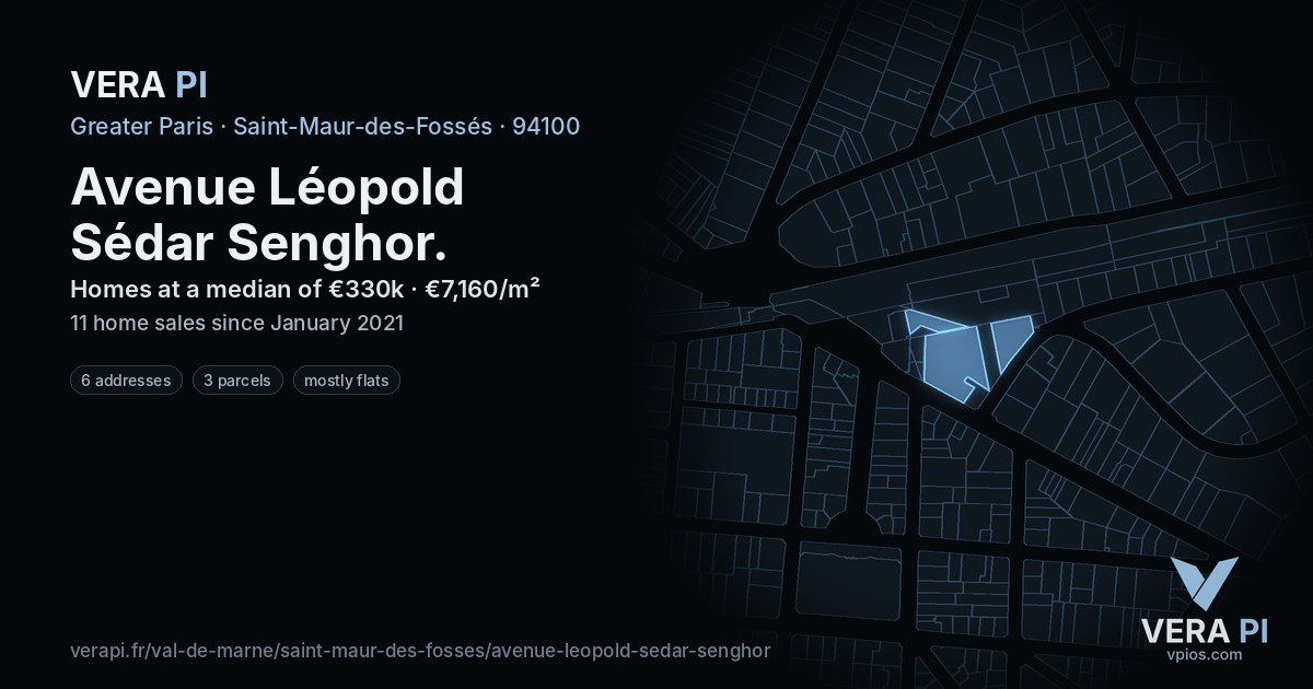 Avenue Léopold Sédar Senghor, Saint-Maur-des-Fossés at night – every parcel coloured by the prices around it, the street's own parcels lit