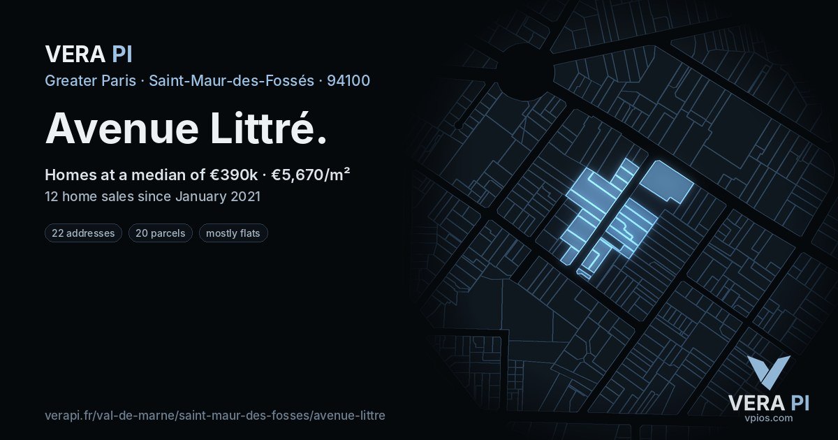 Avenue Littré, Saint-Maur-des-Fossés at night – every parcel coloured by the prices around it, the street's own parcels lit