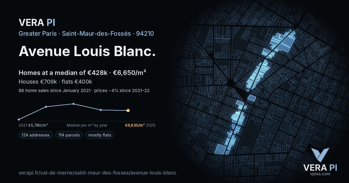 Avenue Louis Blanc, Saint-Maur-des-Fossés at night – every parcel coloured by the prices around it, the street's own parcels lit