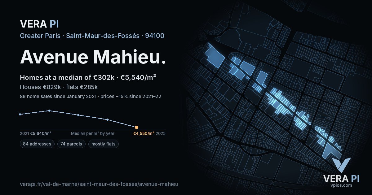 Avenue Mahieu, Saint-Maur-des-Fossés at night – every parcel coloured by the prices around it, the street's own parcels lit