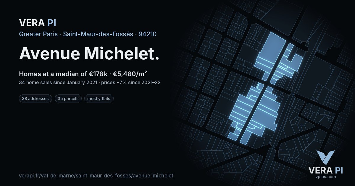 Avenue Michelet, Saint-Maur-des-Fossés at night – every parcel coloured by the prices around it, the street's own parcels lit