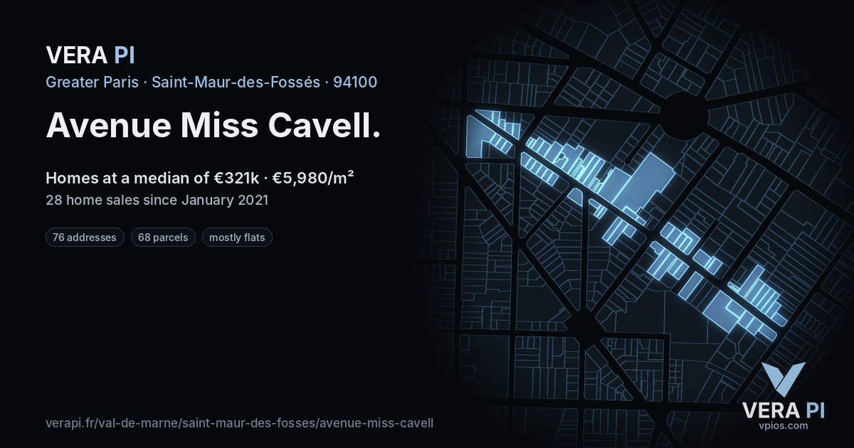 Avenue Miss Cavell, Saint-Maur-des-Fossés at night – every parcel coloured by the prices around it, the street's own parcels lit
