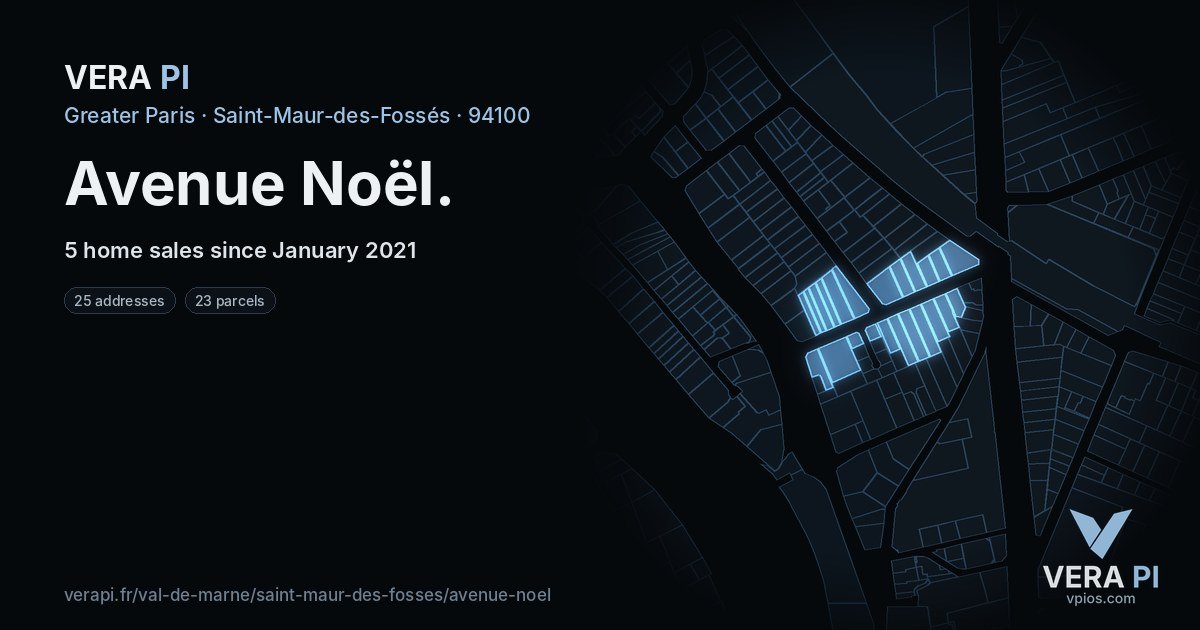Avenue Noël, Saint-Maur-des-Fossés at night – every parcel coloured by the prices around it, the street's own parcels lit