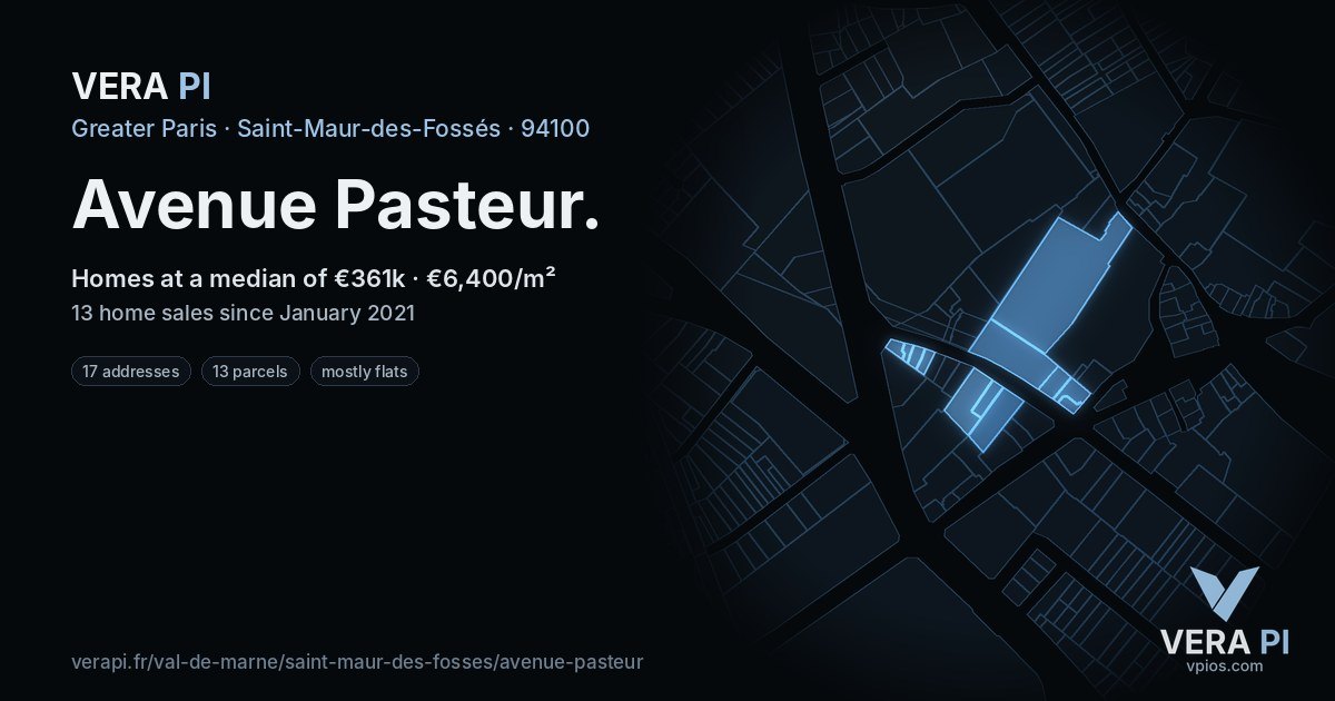 Avenue Pasteur, Saint-Maur-des-Fossés at night – every parcel coloured by the prices around it, the street's own parcels lit