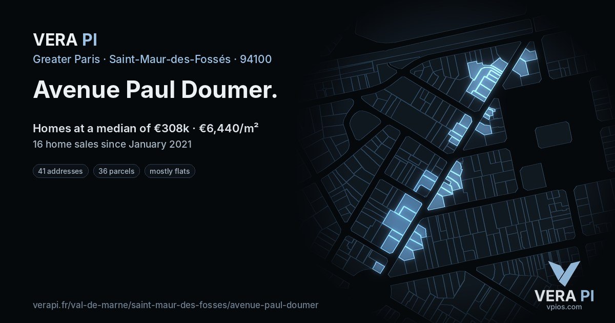 Avenue Paul Doumer, Saint-Maur-des-Fossés at night – every parcel coloured by the prices around it, the street's own parcels lit